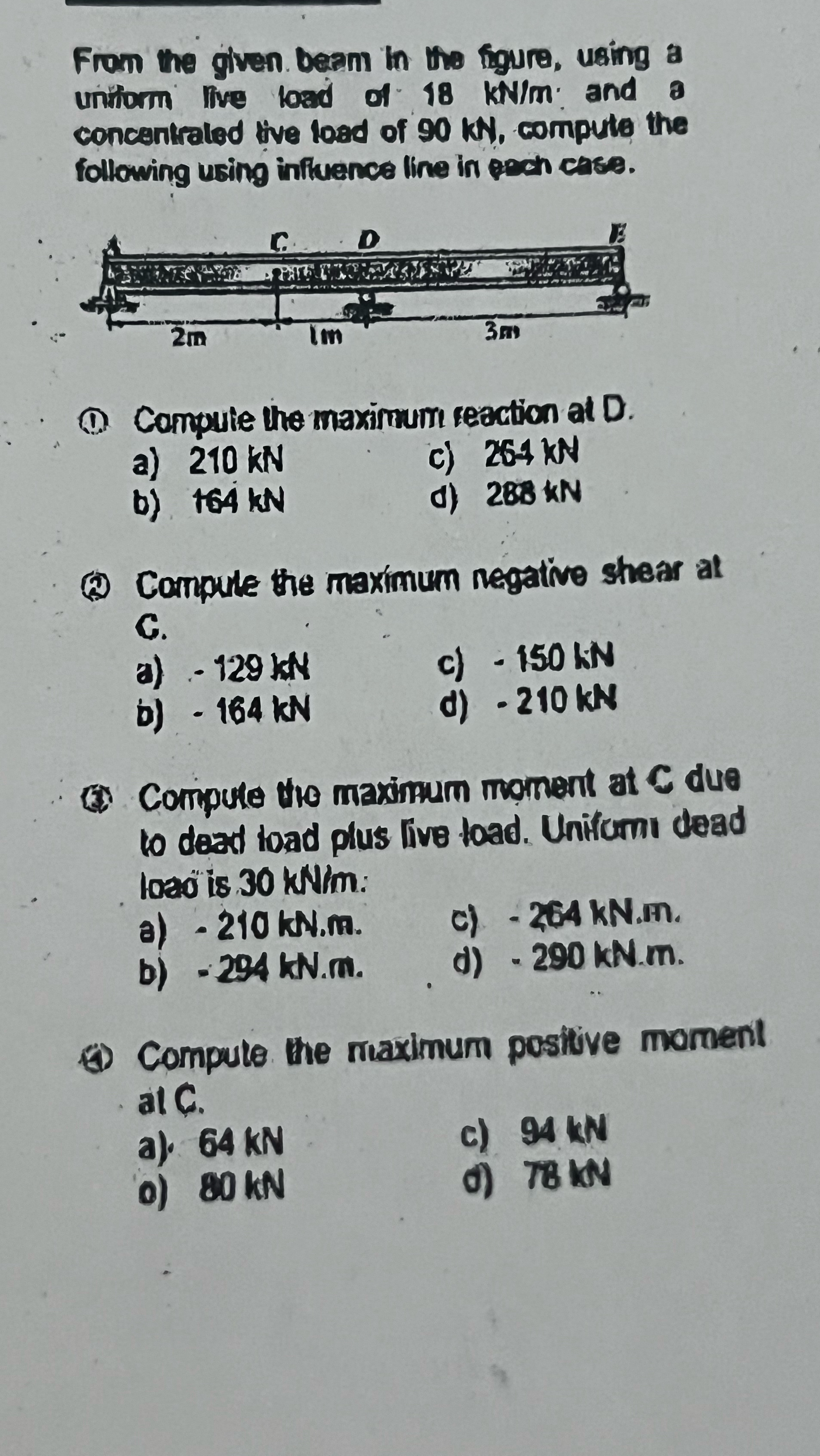 - Max. Reaction at D - Max. Negative shear at C -