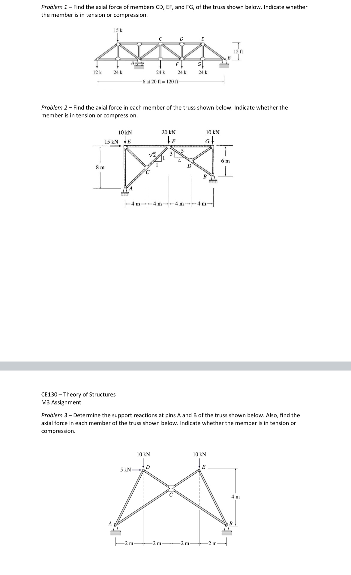 Problem 1 - Find the axial force of members C D ,