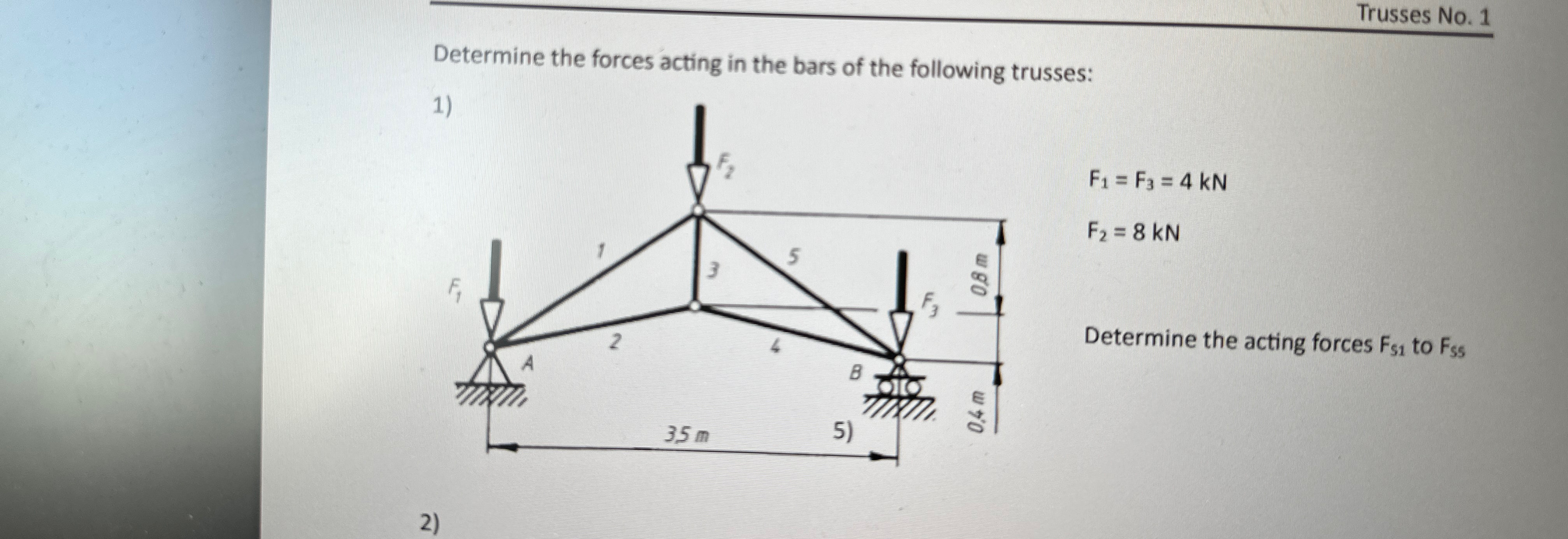 Trusses No . 1 Determine the forces acting in the