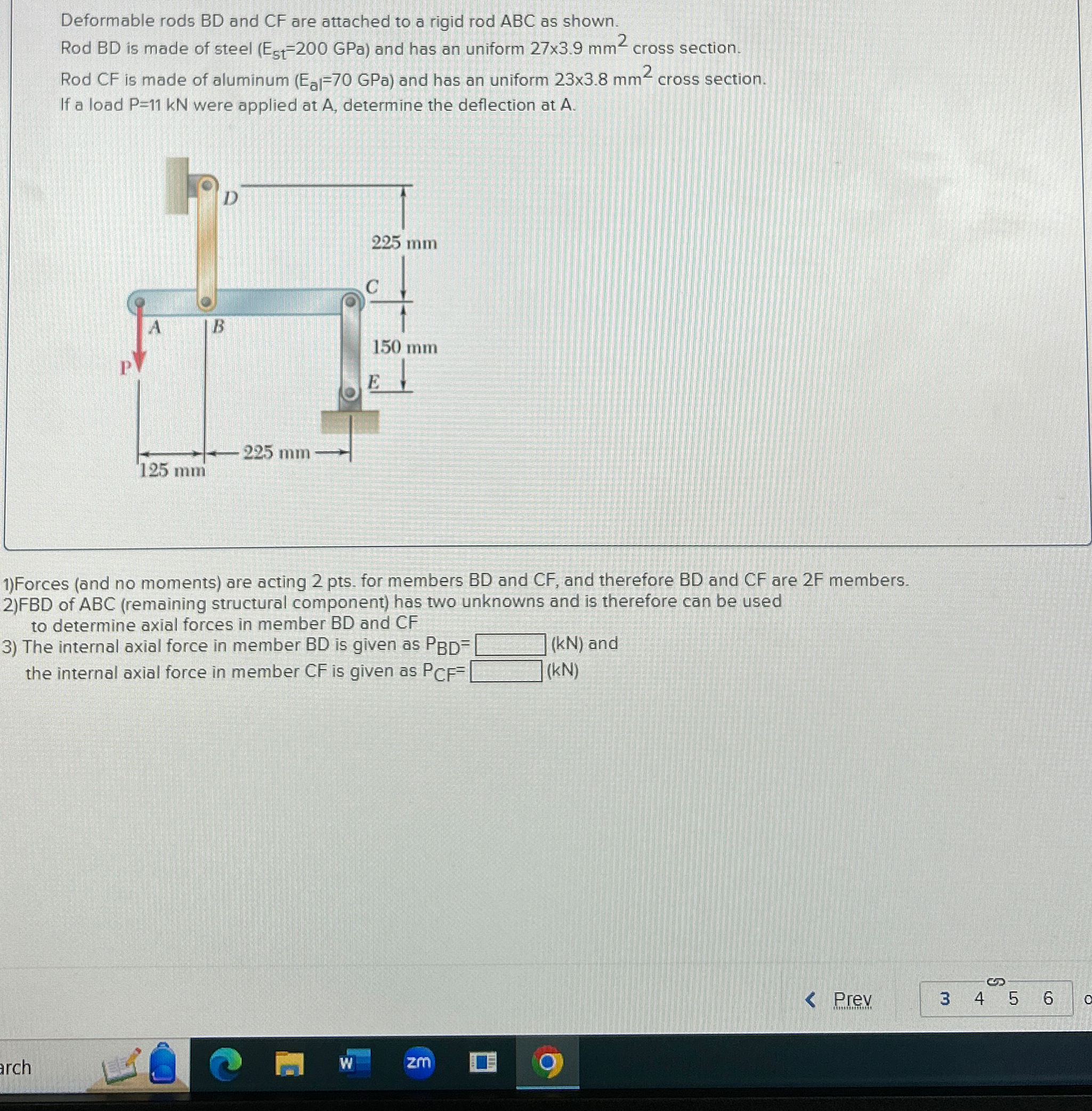 Deformable rods B D and C F are attached to a