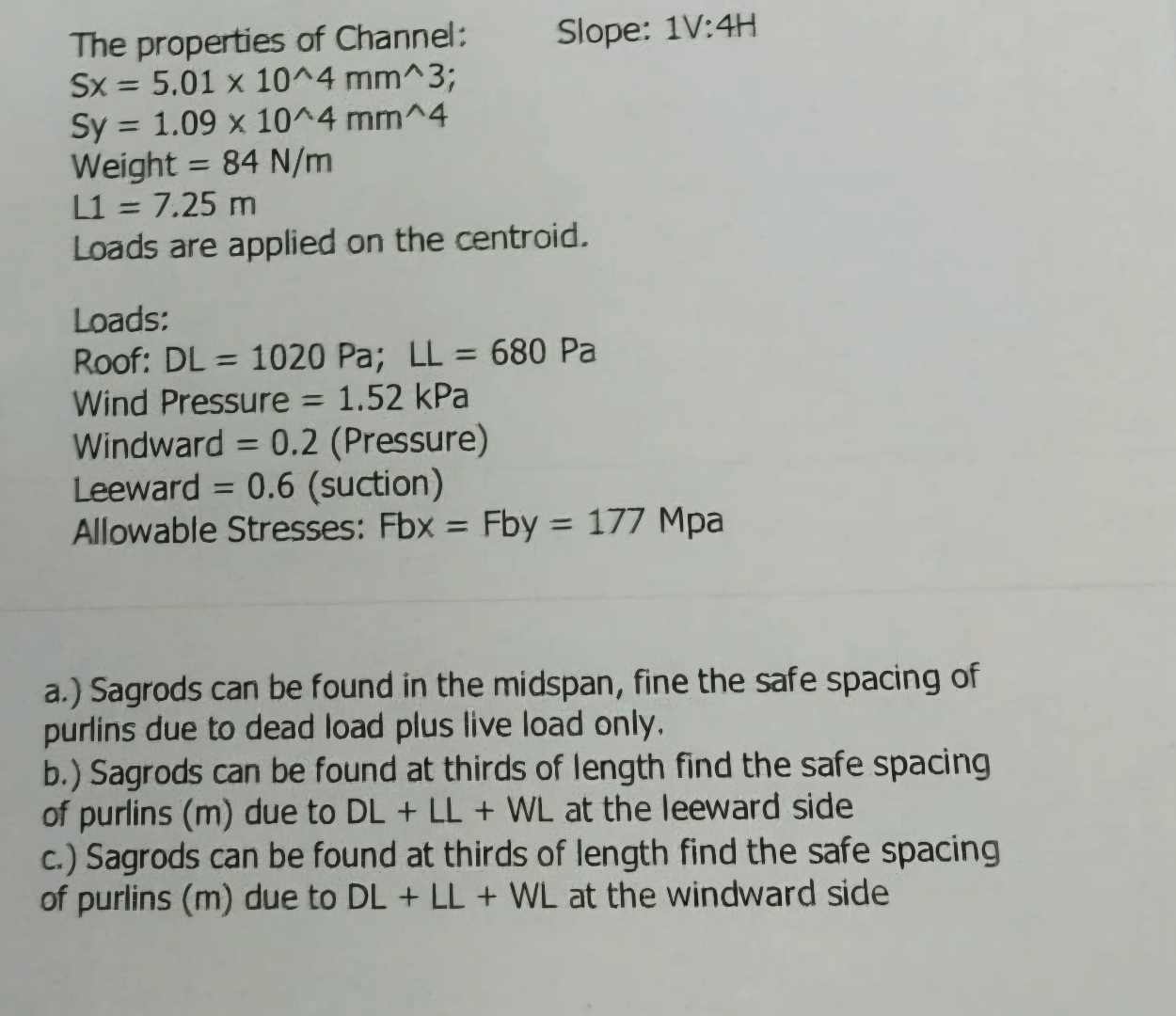 The properties of Channel: Slope: 1 V : 4 H S x =