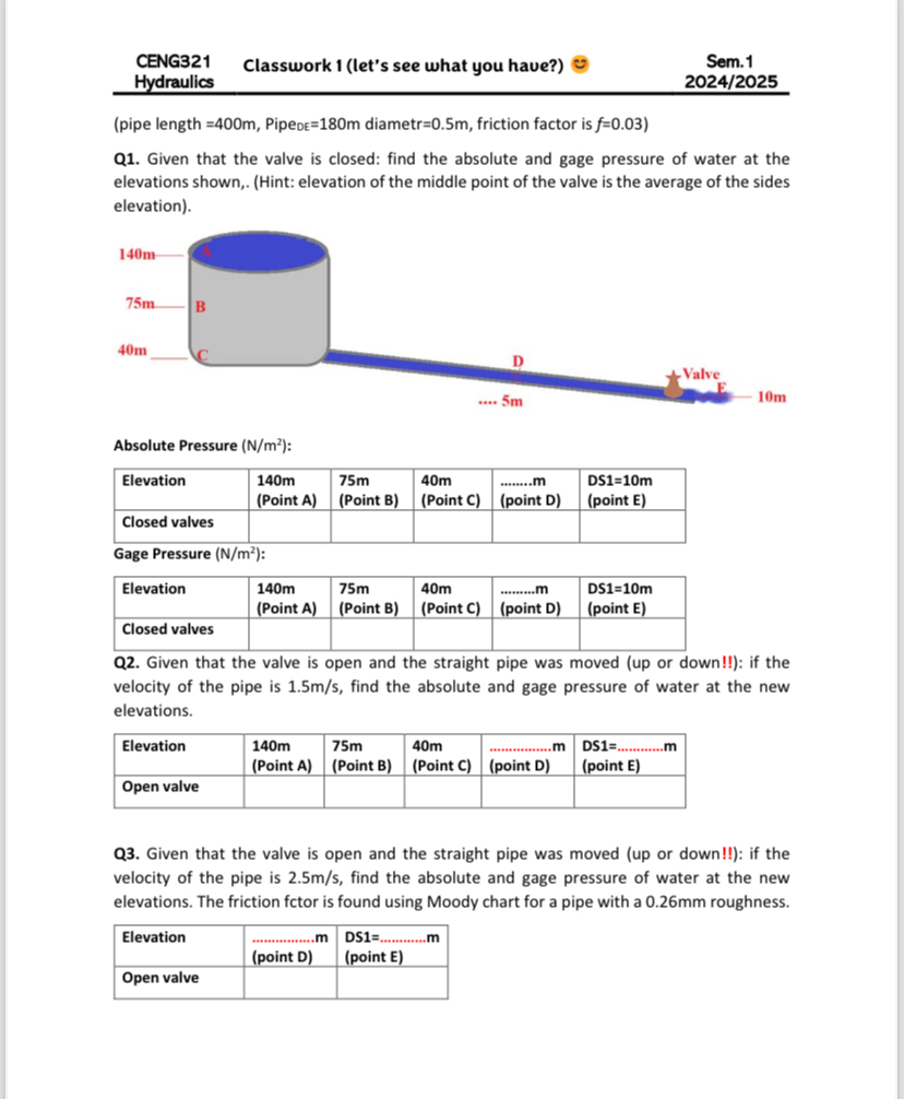 Q 3 . Given that the valve i s open and the