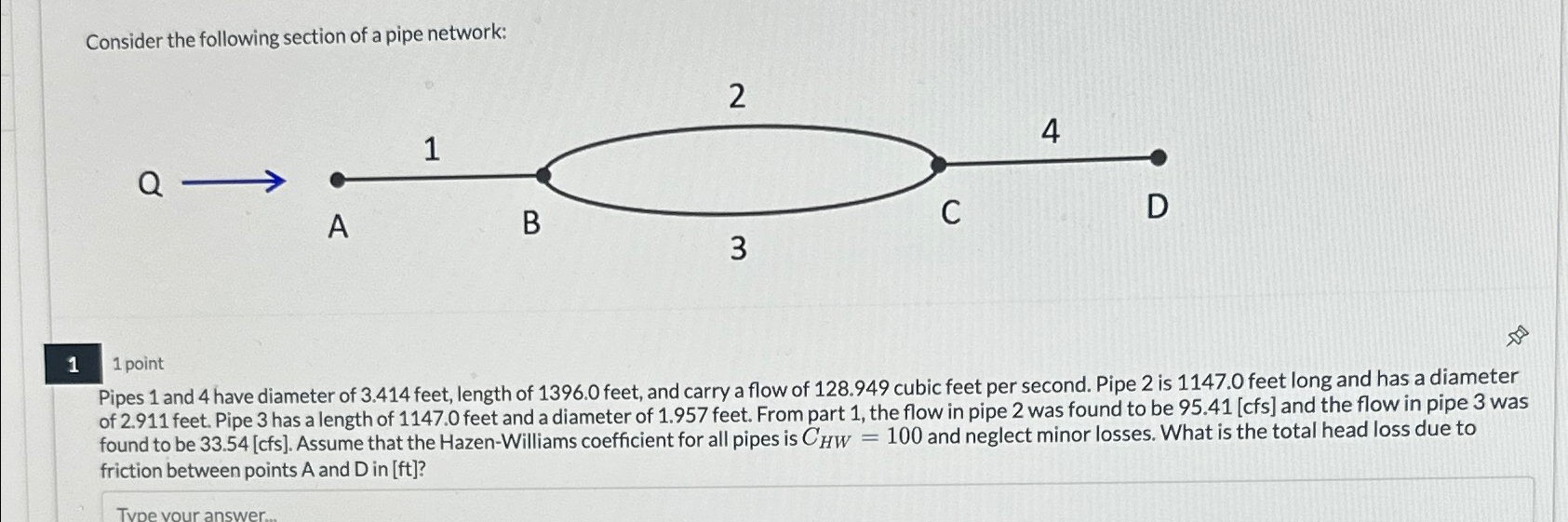 Consider the following section of a pipe network:
