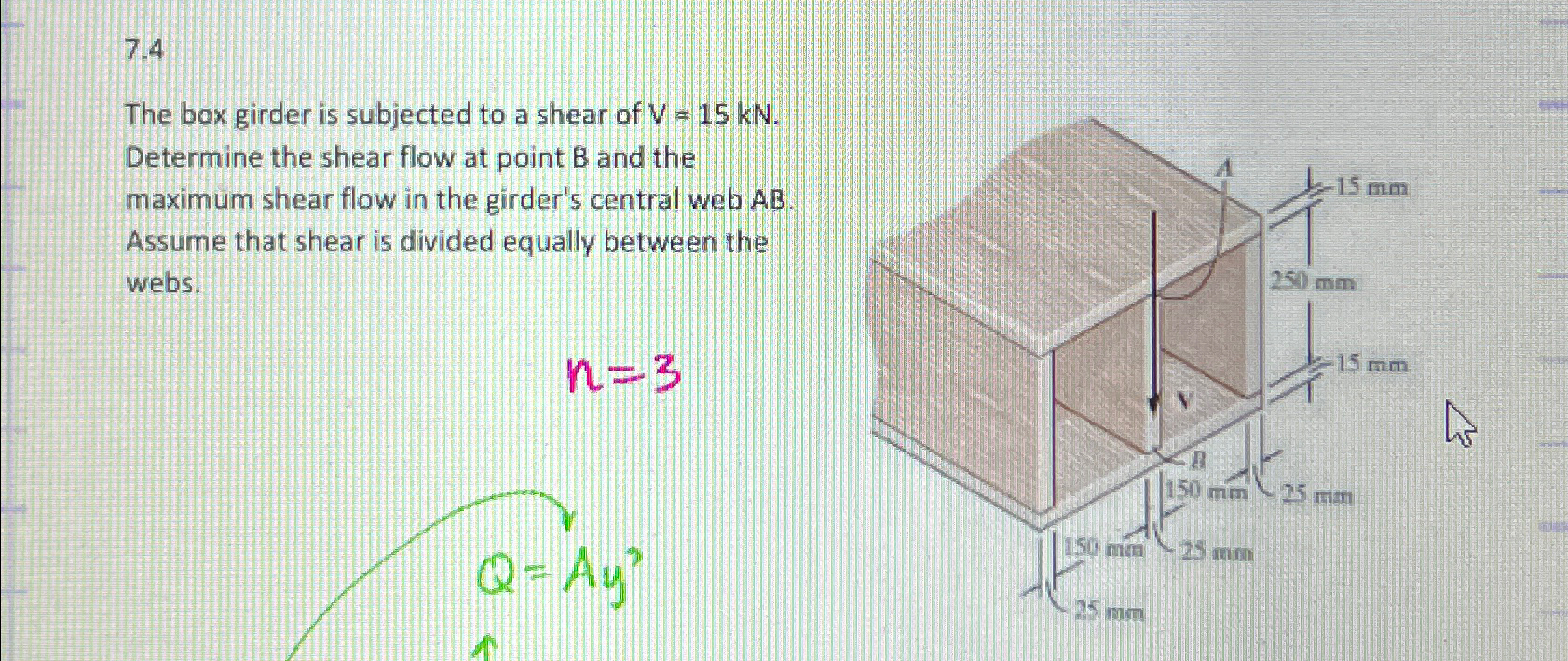 7 . 4 The box girder is subjected to a shear of V