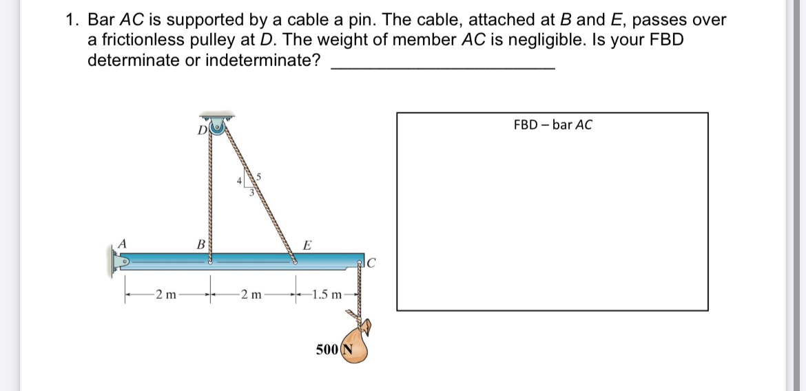 Bar A C is supported by a cable a pin. The cable,