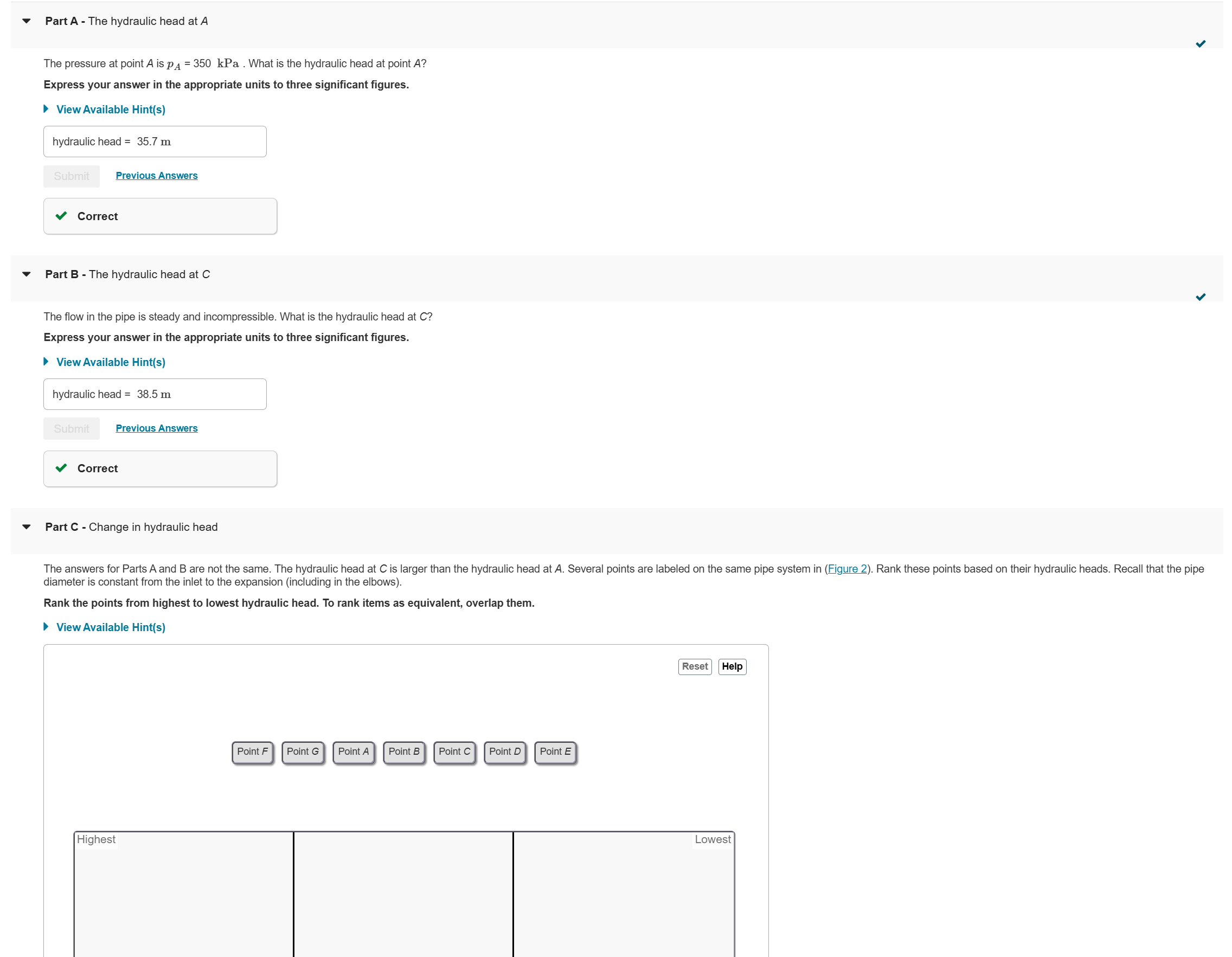 Part A - The hydraulic head at A The pressure at