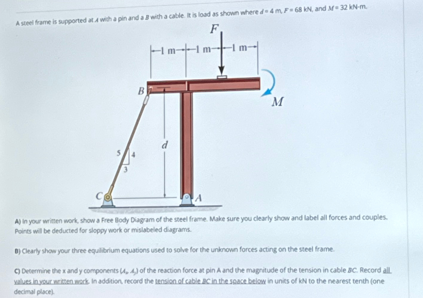 A steel frame is supported at A with a pin and a