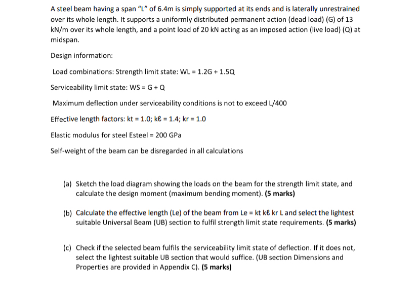 A steel beam having a span " L " of 6 . 4 m is