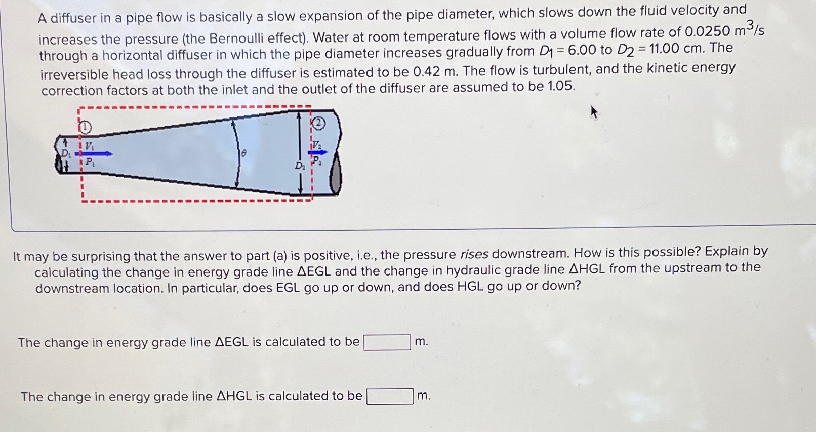Pleaae find EGL and HGL A diffuser in a pipe flow