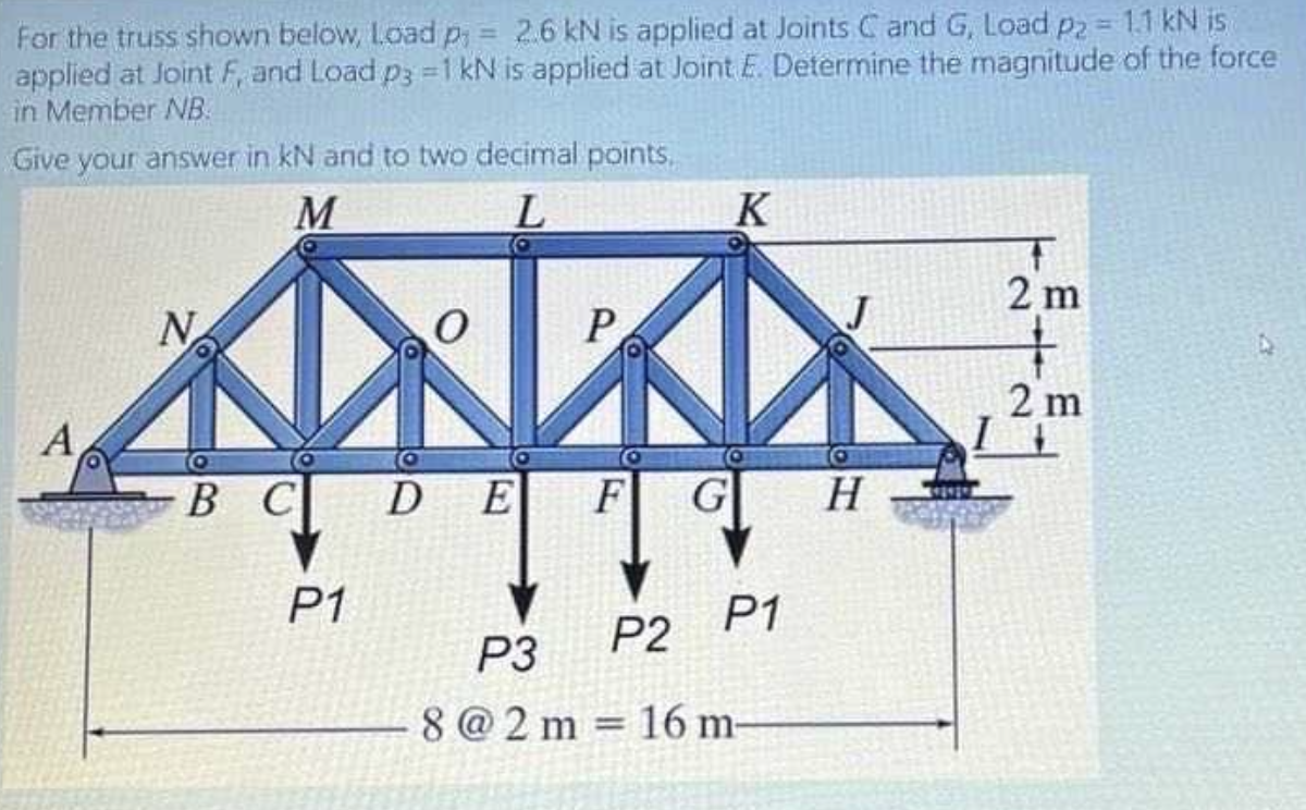 For the truss shown below, Load p 1 = 2 . 6 k N