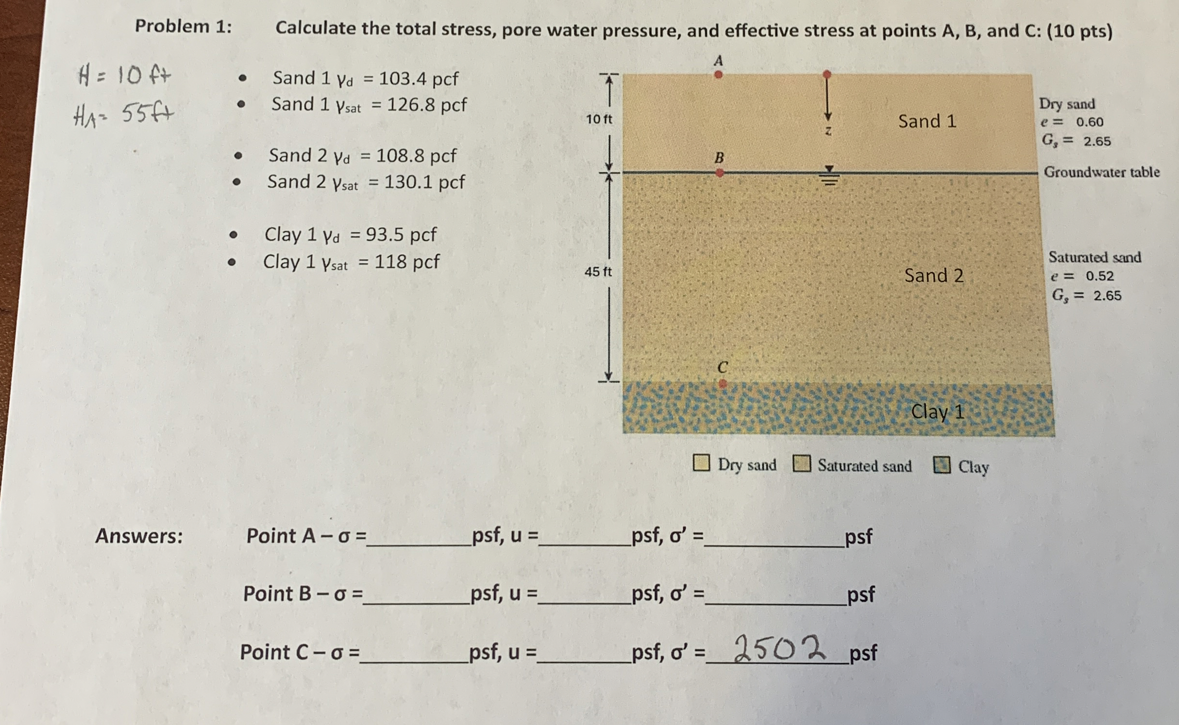 Problem 1 : , Calculate the total stress, pore