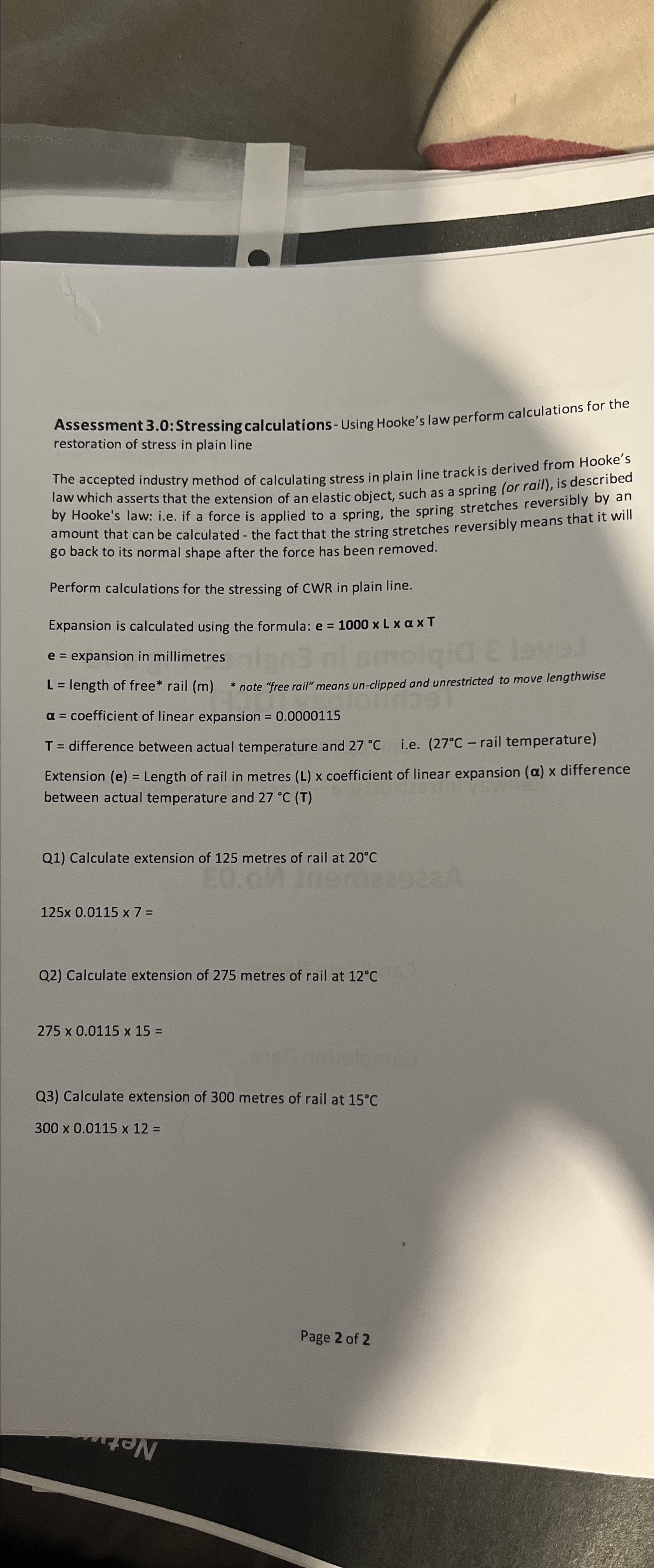 Assessment 3 . 0 : Stressing calculations - Using