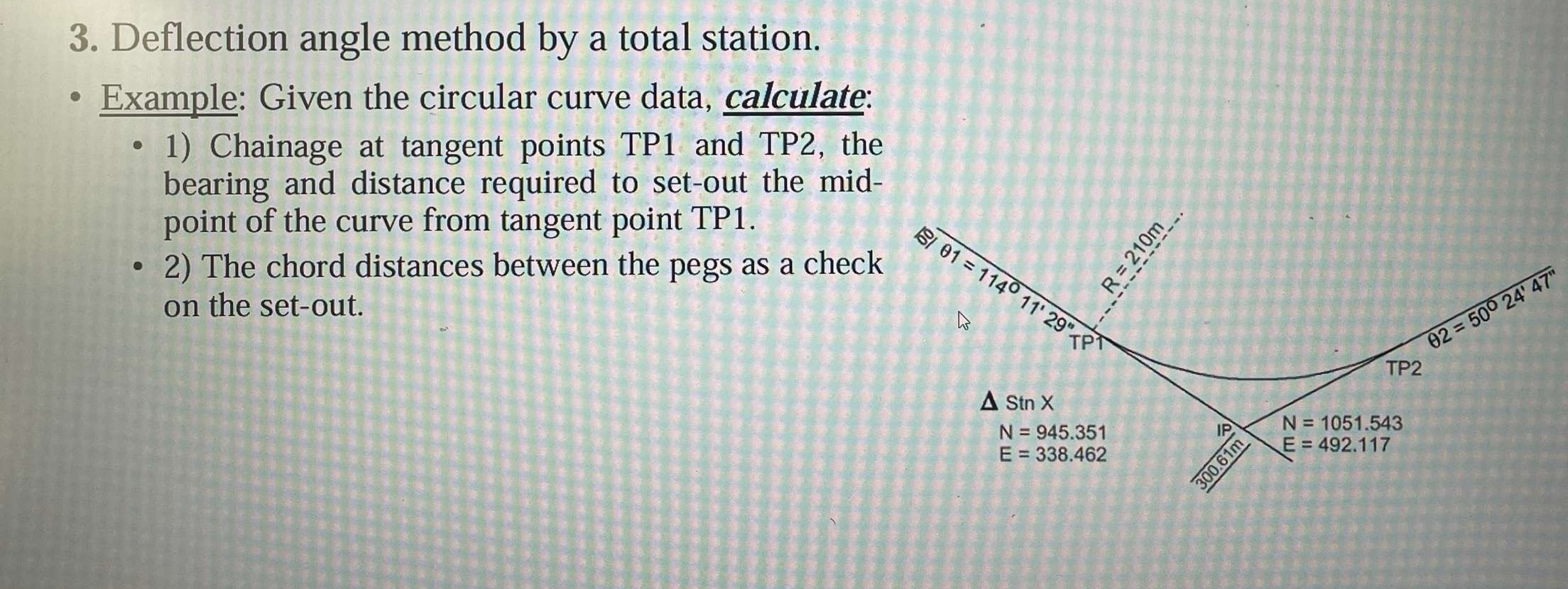 Deflection angle method by a total station.