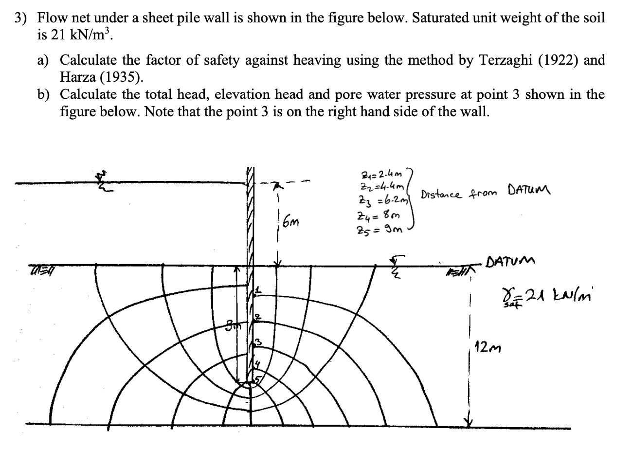 Flow net under a sheet pile wall is shown in the