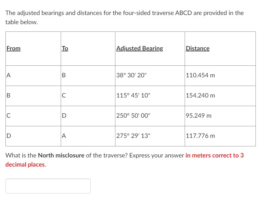The adjusted bearings and distances for the four