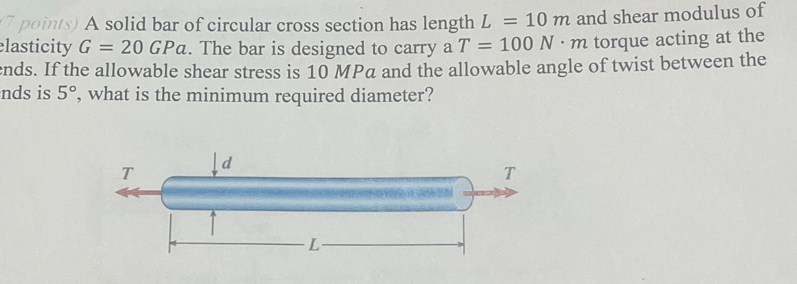 A solid bar of circular cross section has length