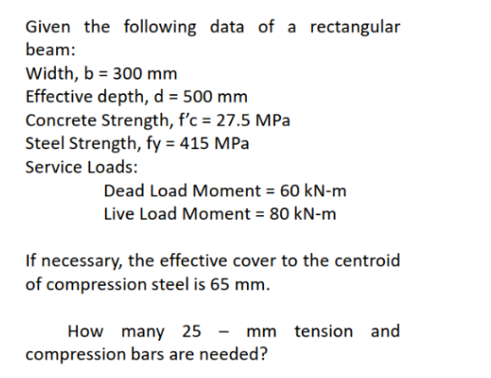 Given the following data of a rectangular beam: