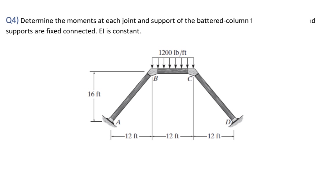 Q 4 ) Determine the moments at each joint and