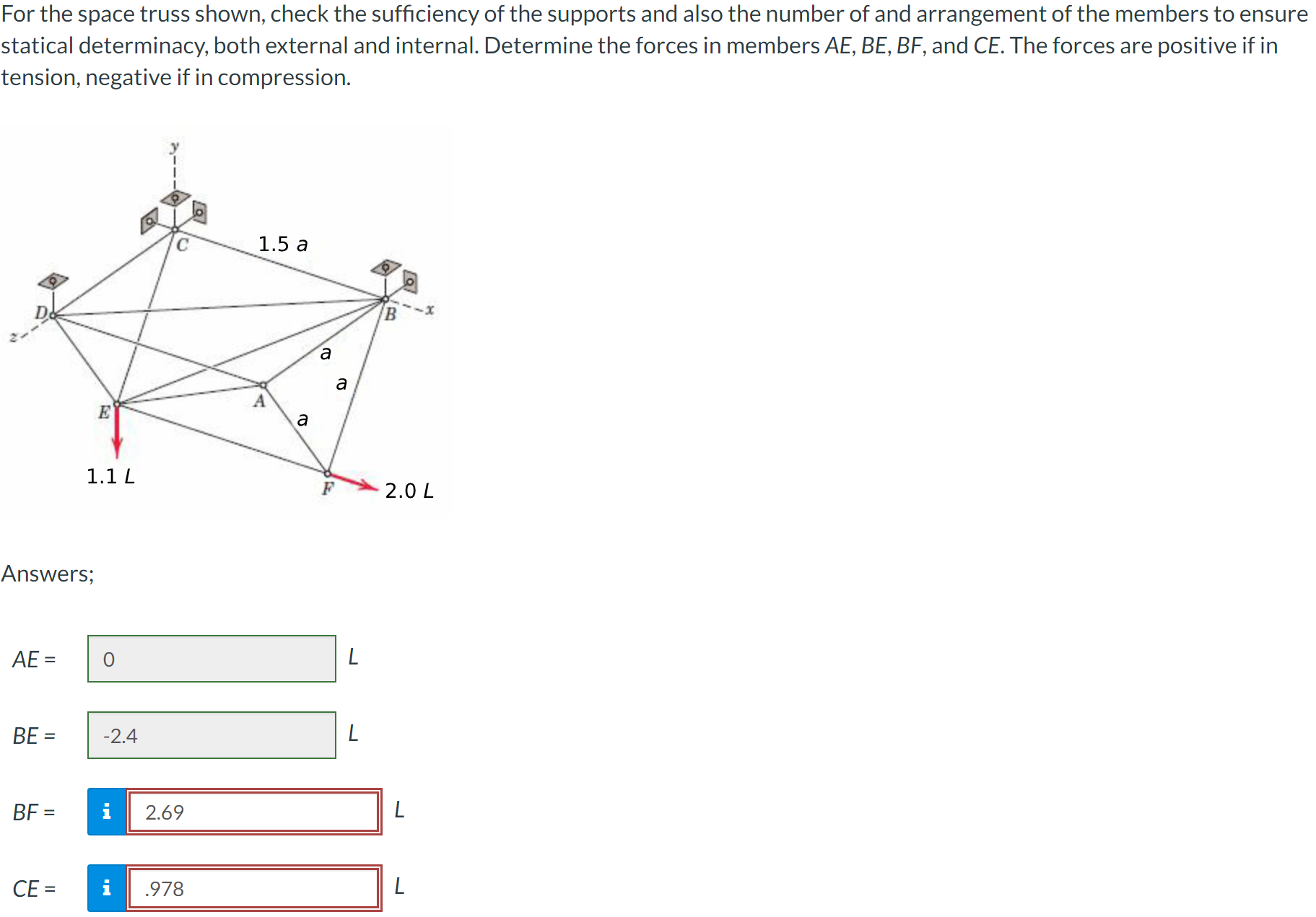 For the space truss shown, check the sufficiency