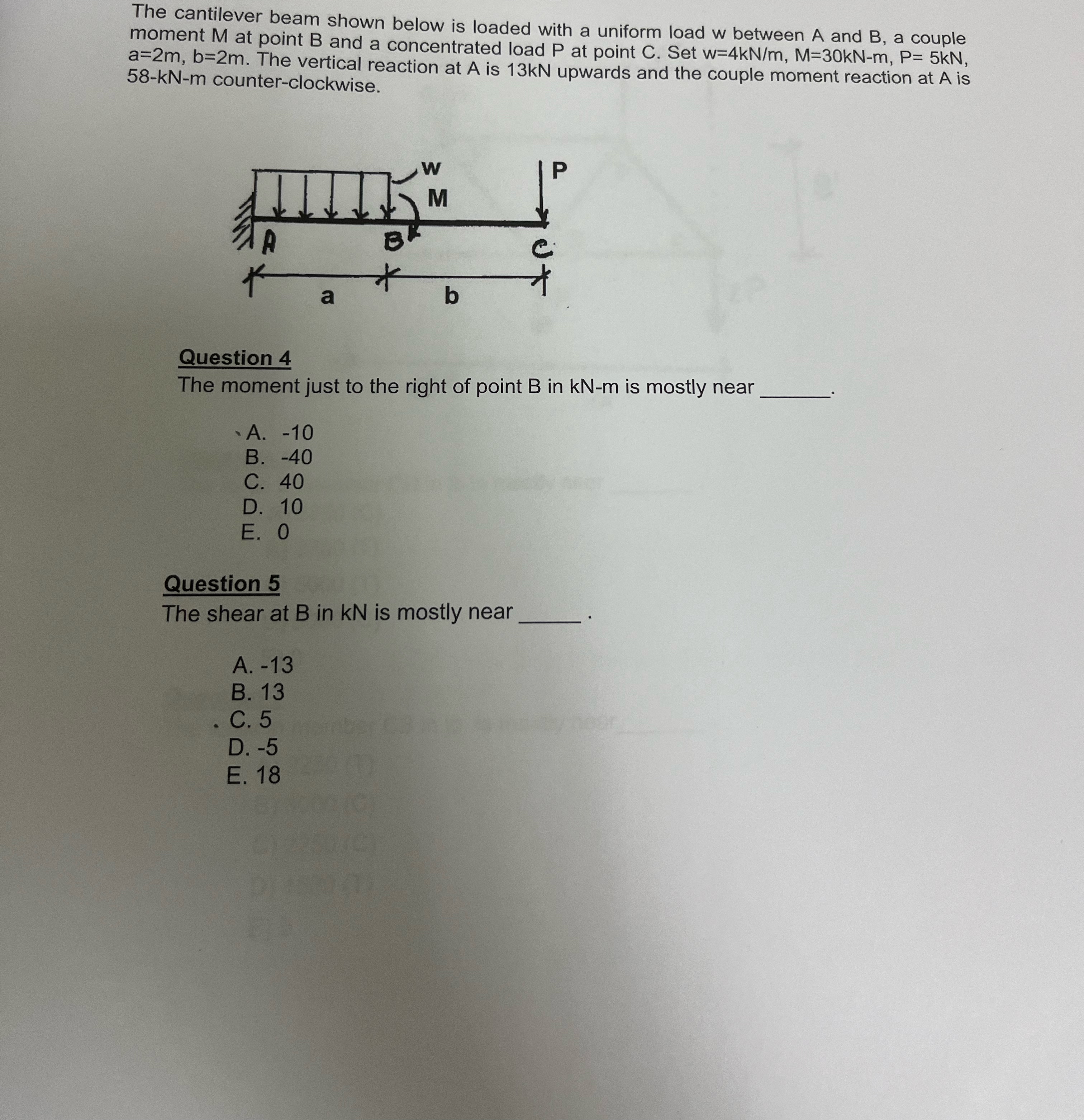 The cantilever beam shown below is loaded with a