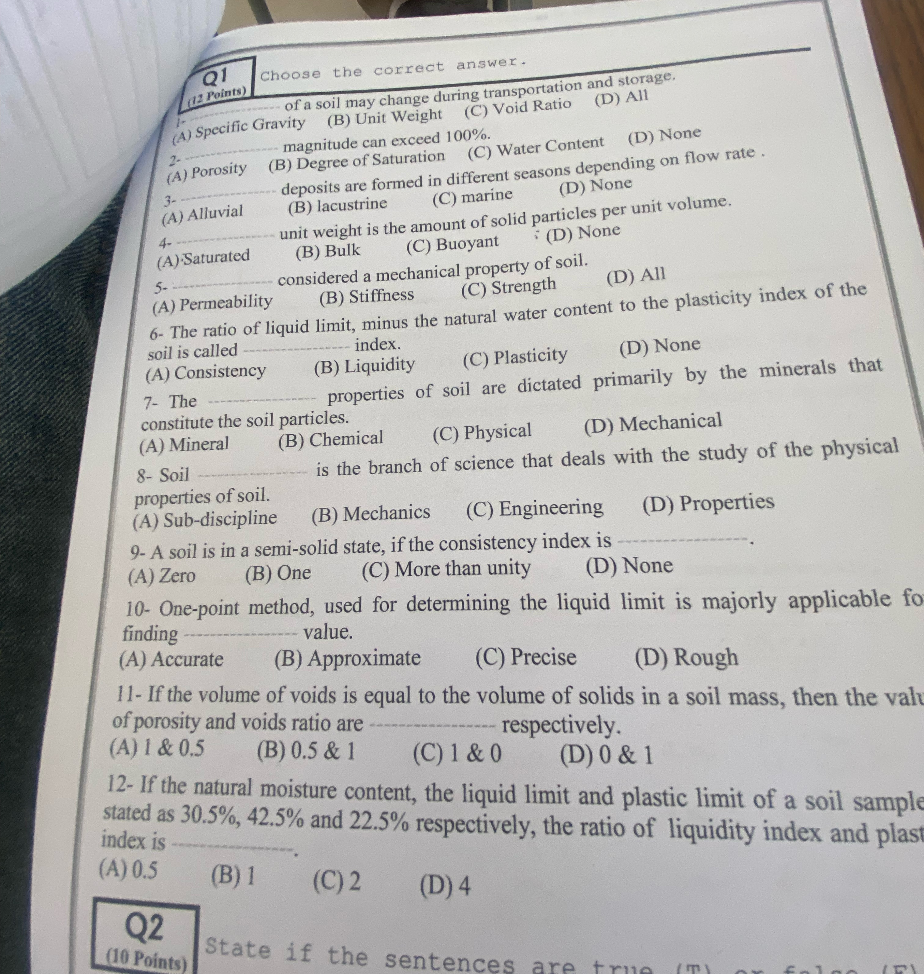 Q 1 1 2 Points Choose the correct answer. ( A )