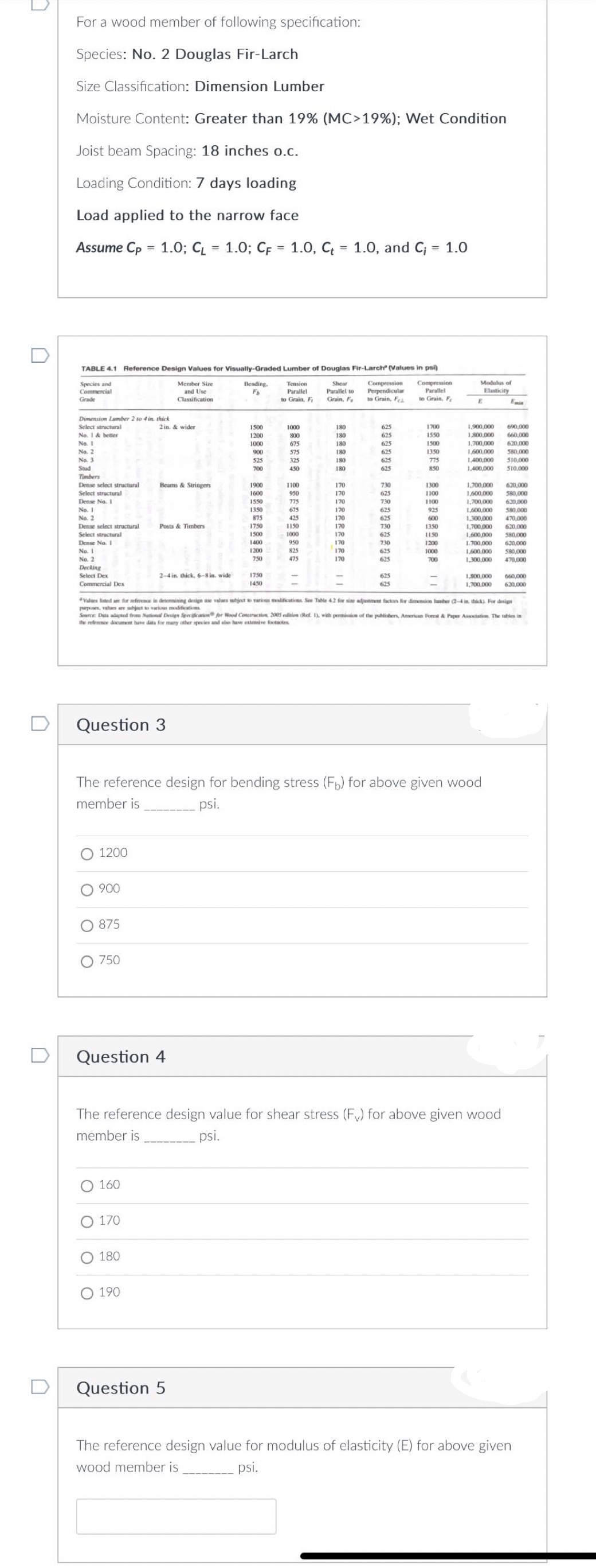 For a wood member of following specification: