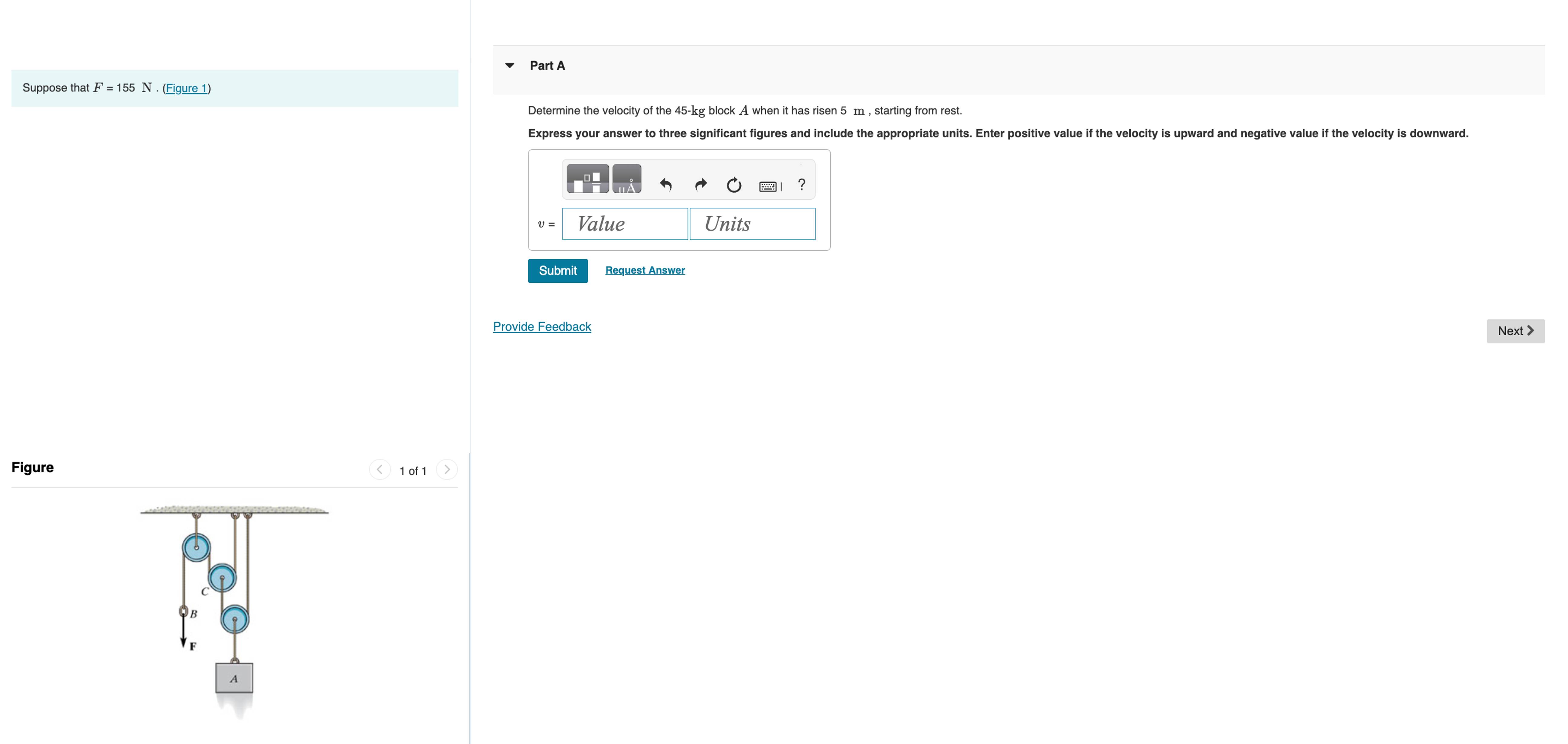 Determine the velocity of the 4 5 - k g block A
