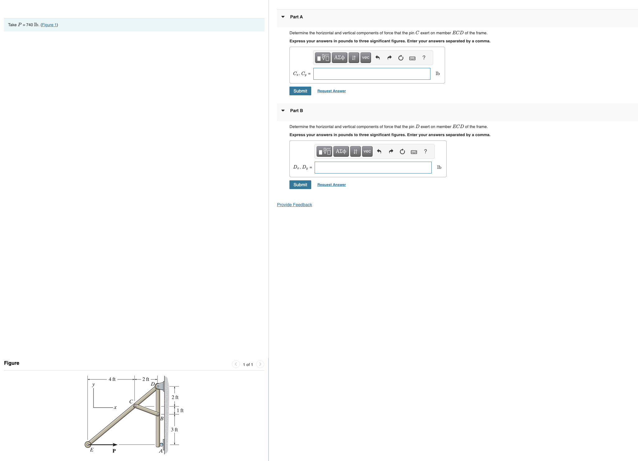 Take P = 7 4 0 l b . ( Figure 1 ) Determine the