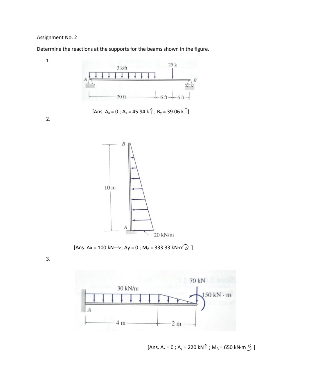 Assignment No . 2 Determine the reactions at the