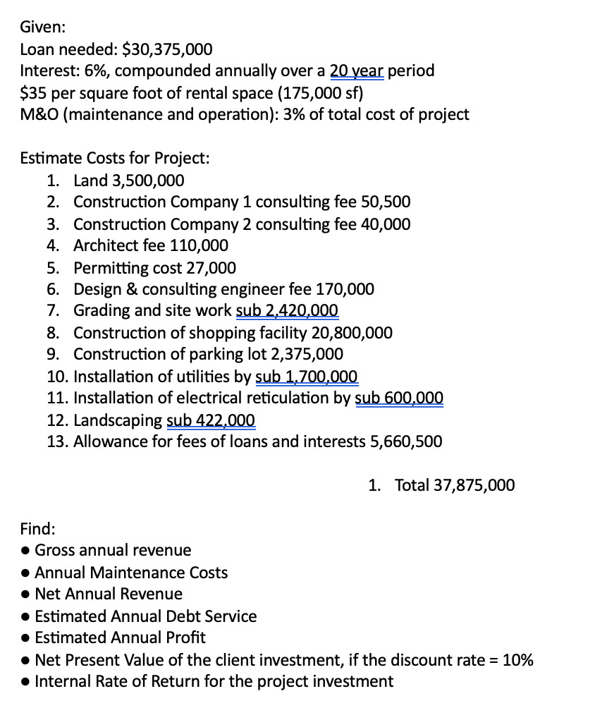 Given: Loan needed: $ 3 0 , 3 7 5 , 0 0 0