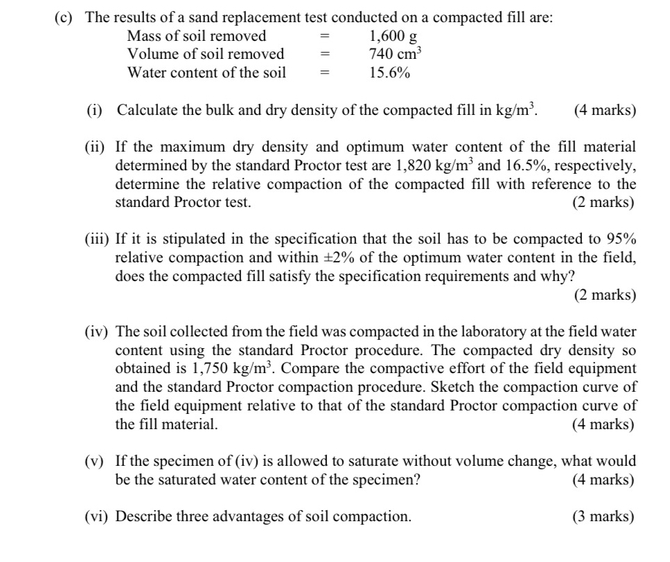 ( c ) The results of a sand replacement test