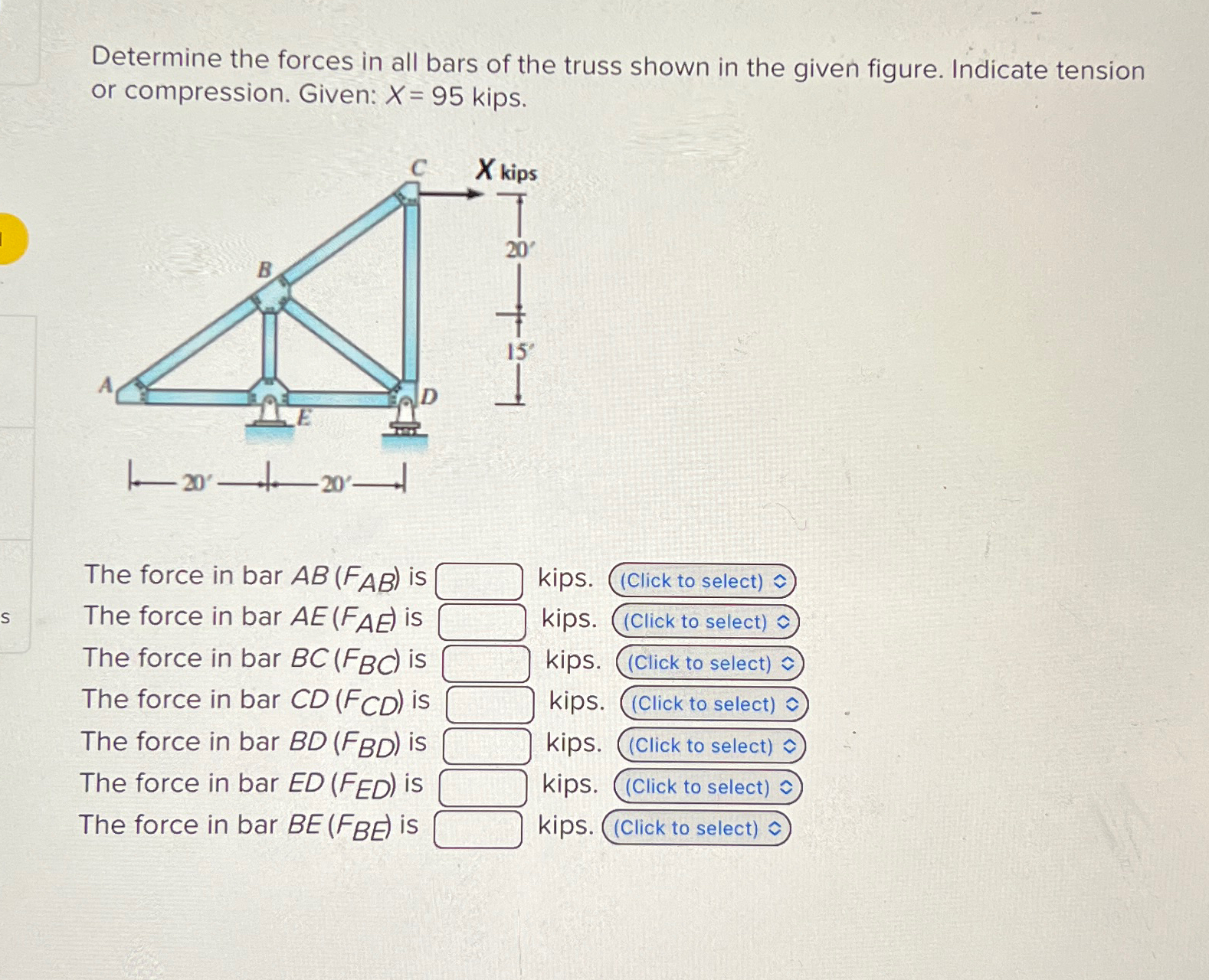 Determine the forces in all bars of the truss