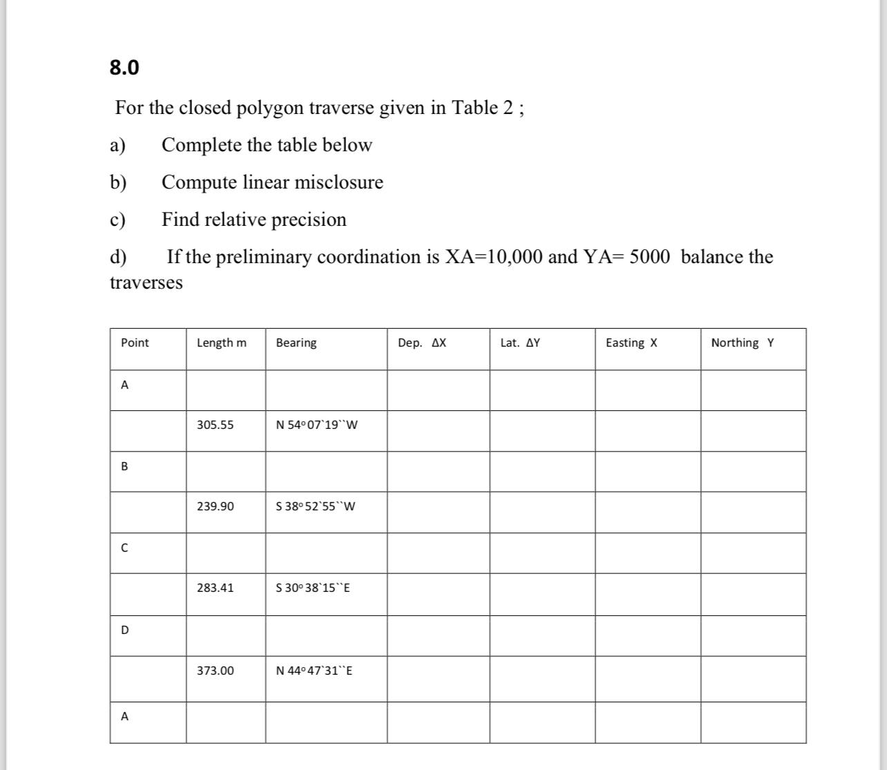 8 . 0 For the closed polygon traverse given in