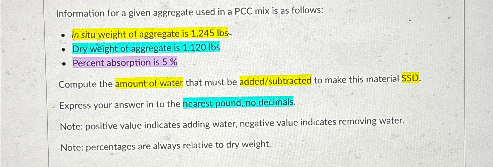 Information for a given aggregate used in a PCC