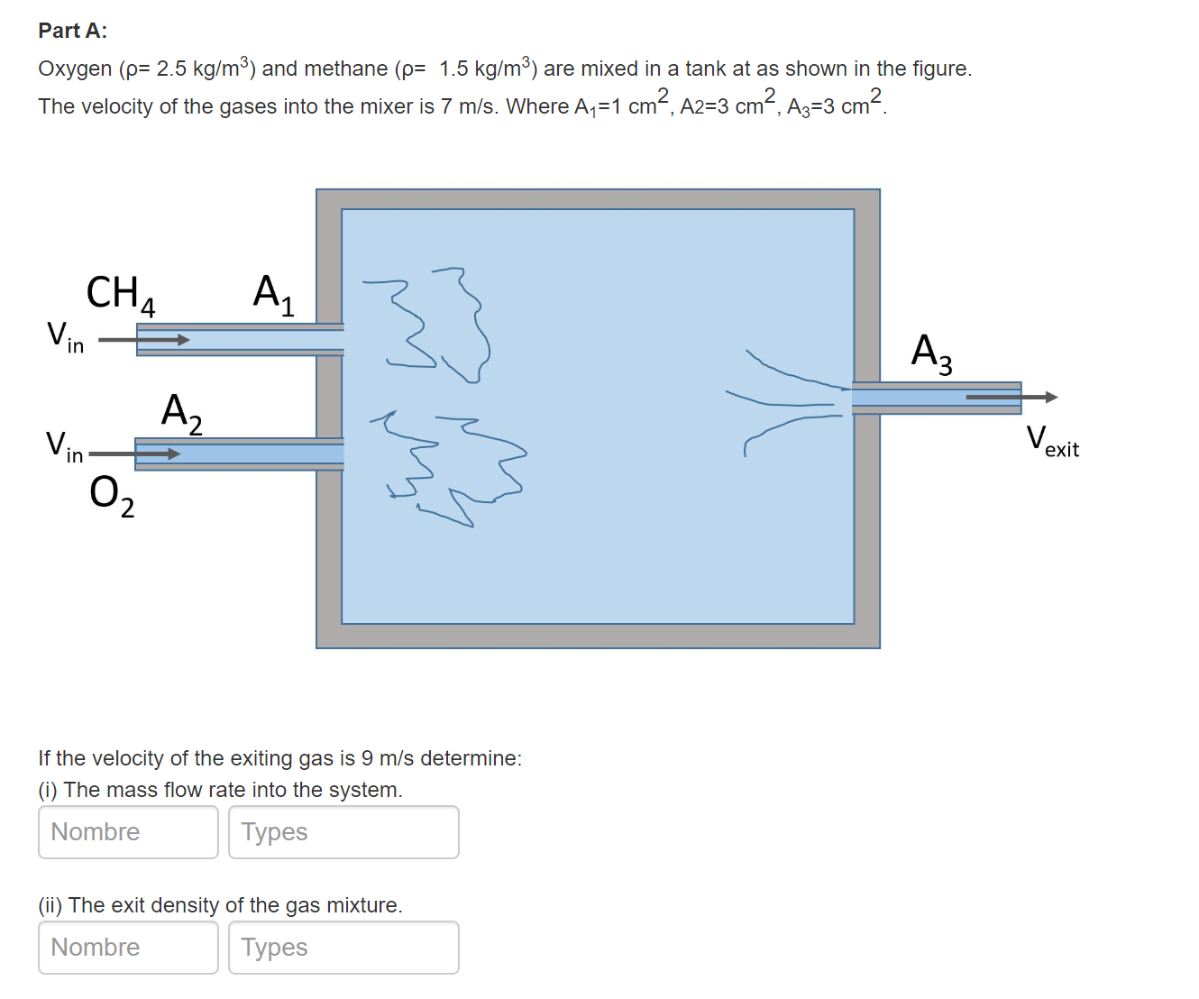 Oxygen ( \ rho = 2 . 5 kg / m 3 ) and methane ( \