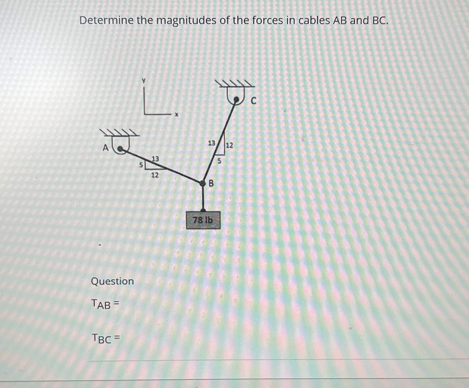 Determine the magnitudes of the forces in cables