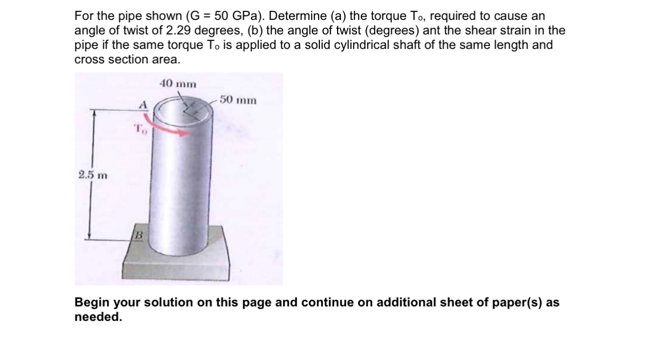 For the pipe shown ( G = 5 0 GPa ) . Determine (
