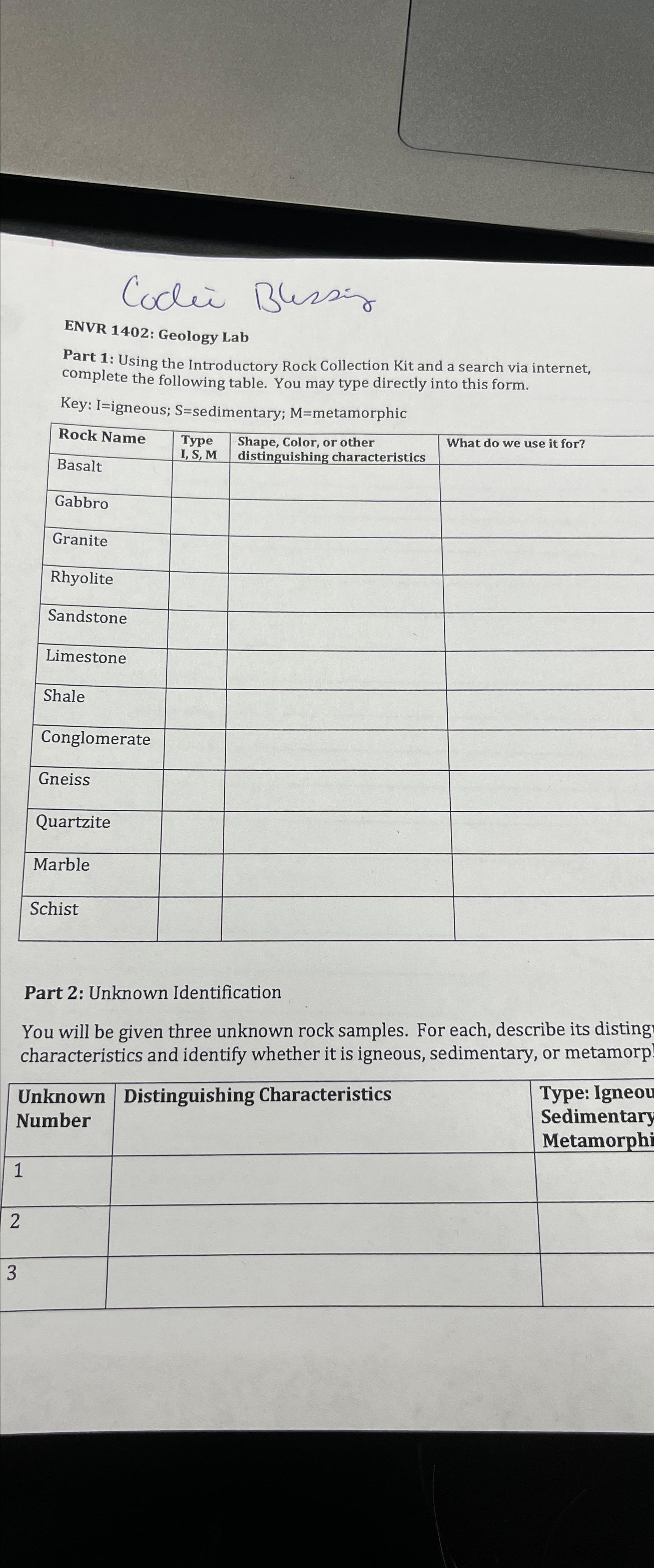 Coclei\ Bussiz\ ENVR 1402: Geology Lab\ Part 1: