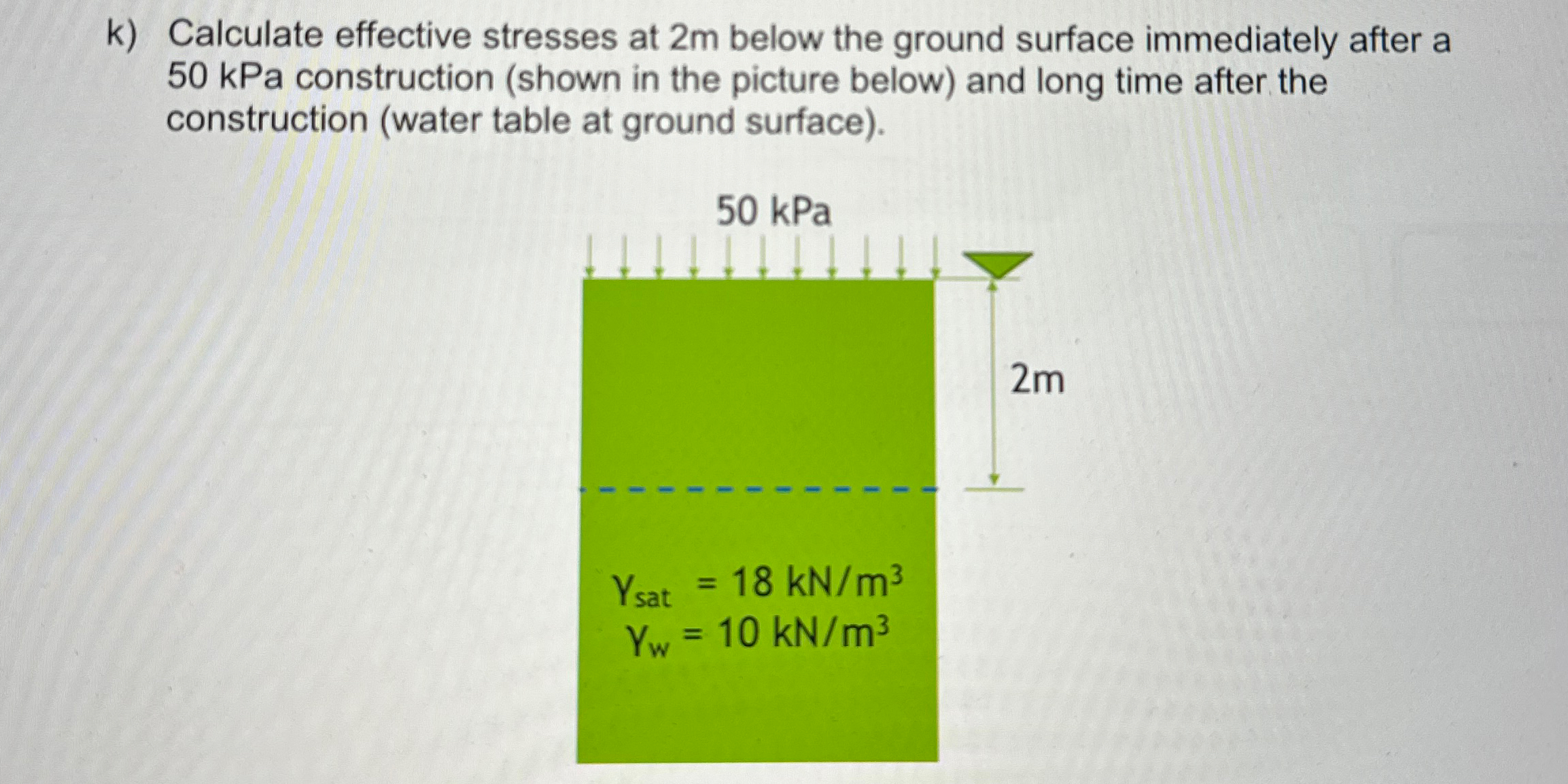 k ) Calculate effective stresses at 2 m below the