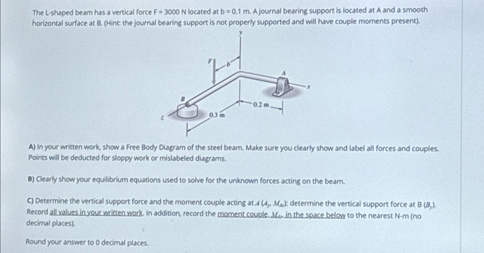 The L - shaped beam has a vertical force F = 3 0