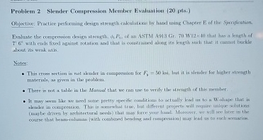 Problem 2 Slender Compression Member Evaluation (