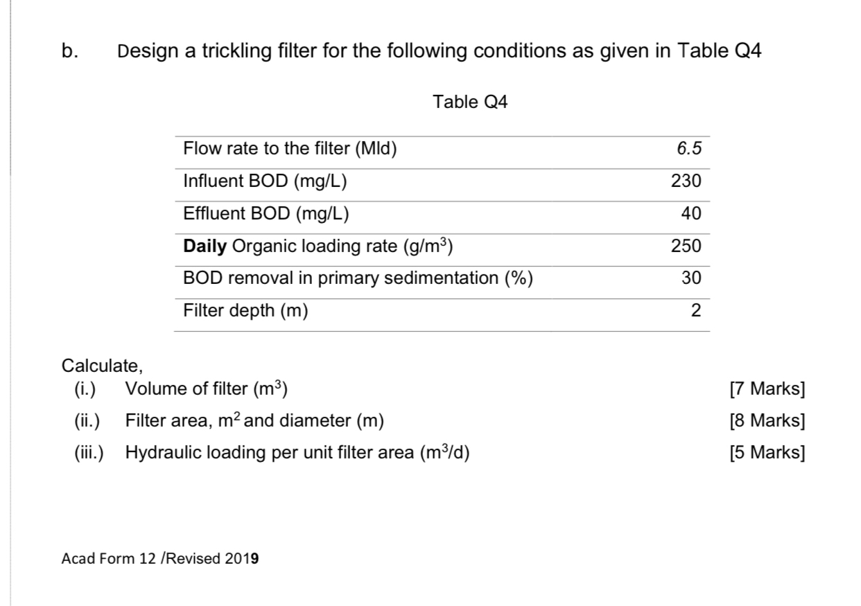 b . Design a trickling filter for the following