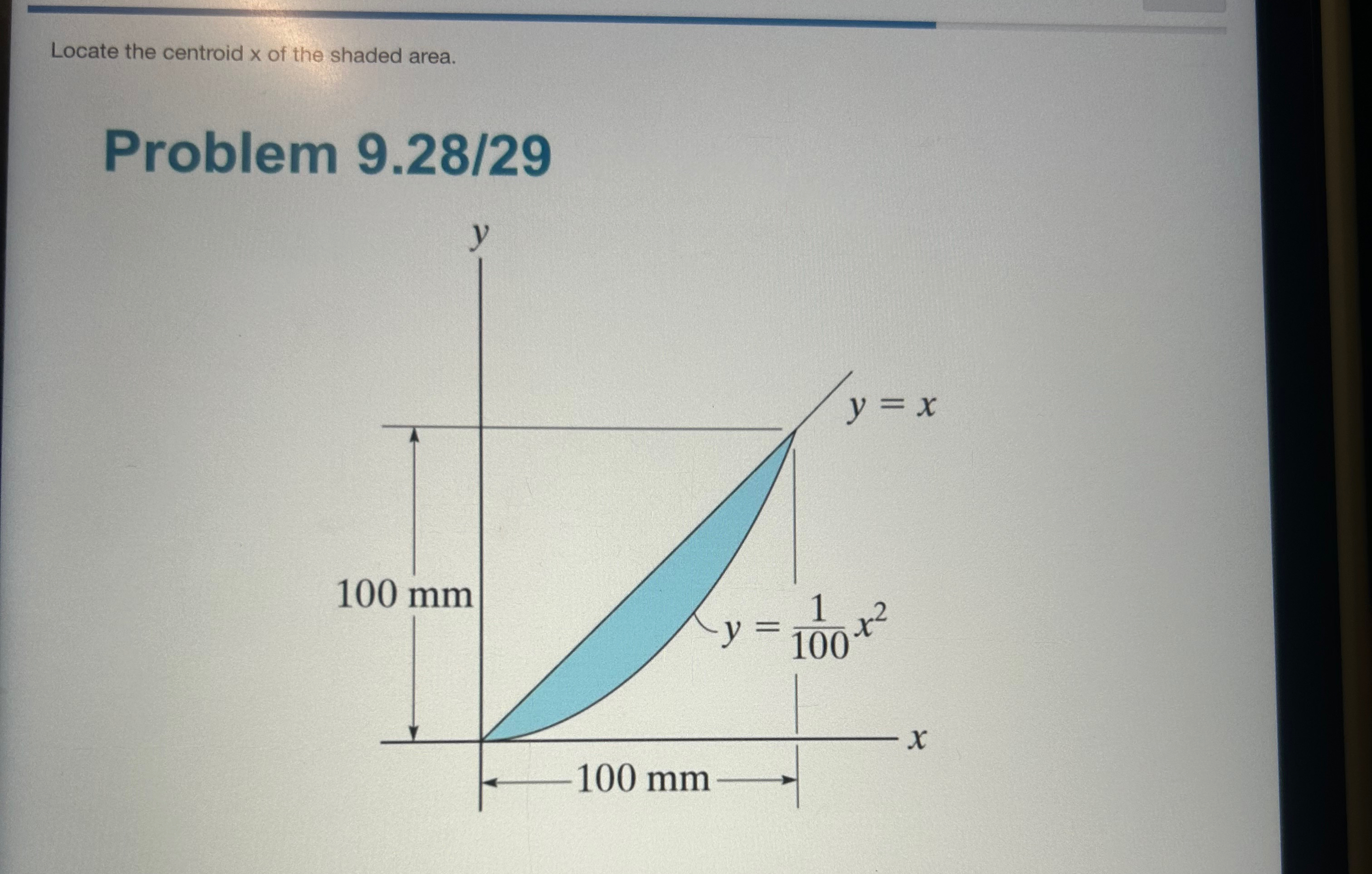 Locate the centroid x of the shaded area. Problem
