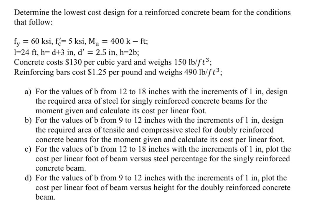 Determine the lowest cost design for a reinforced