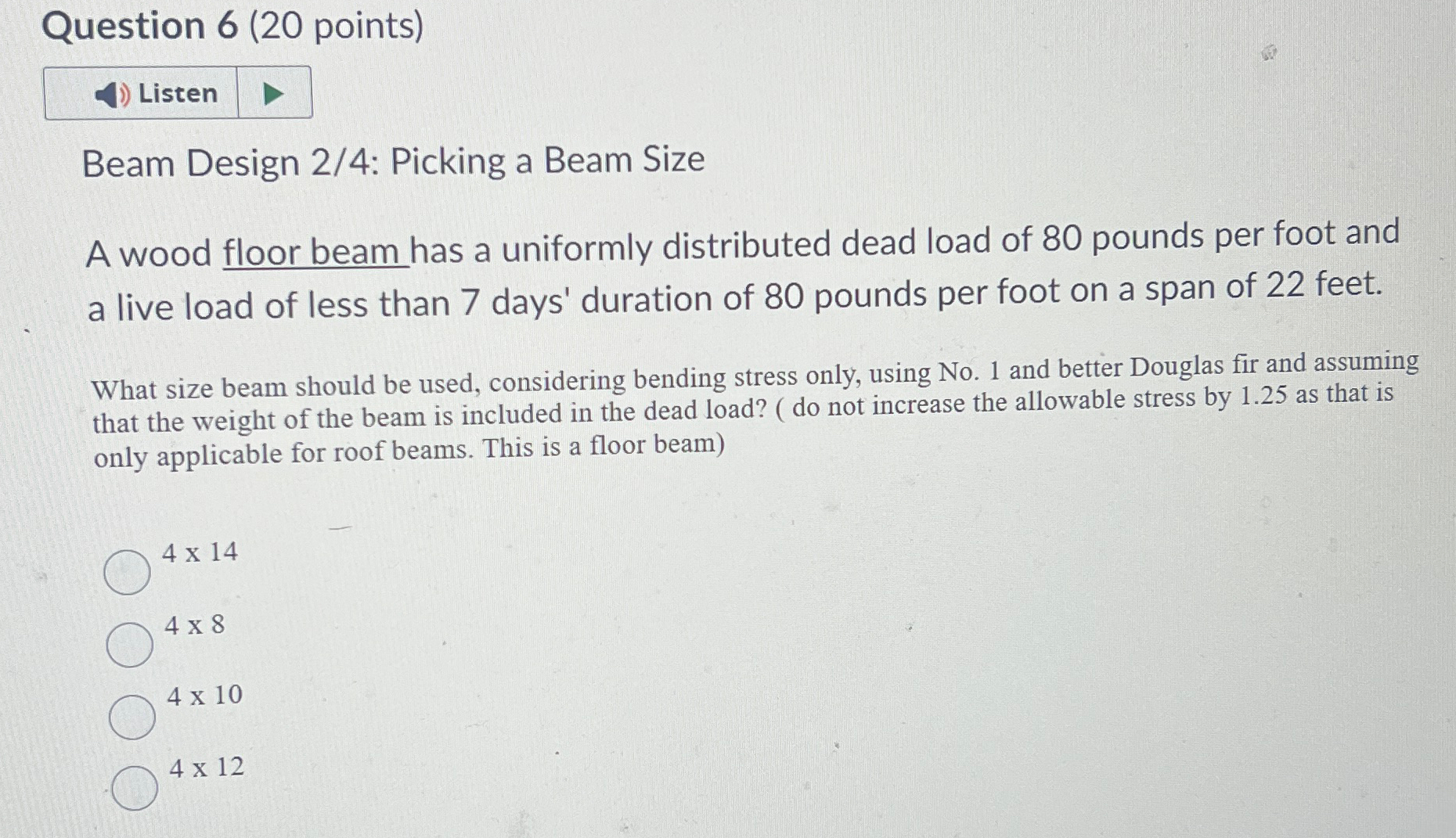 Question 6 ( 2 0 points ) Beam Design 2 / 4 :