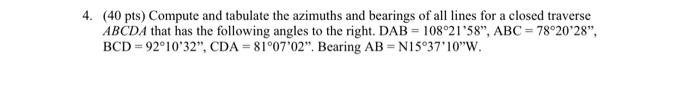 Compute and tabulate the azimuths and bearings of