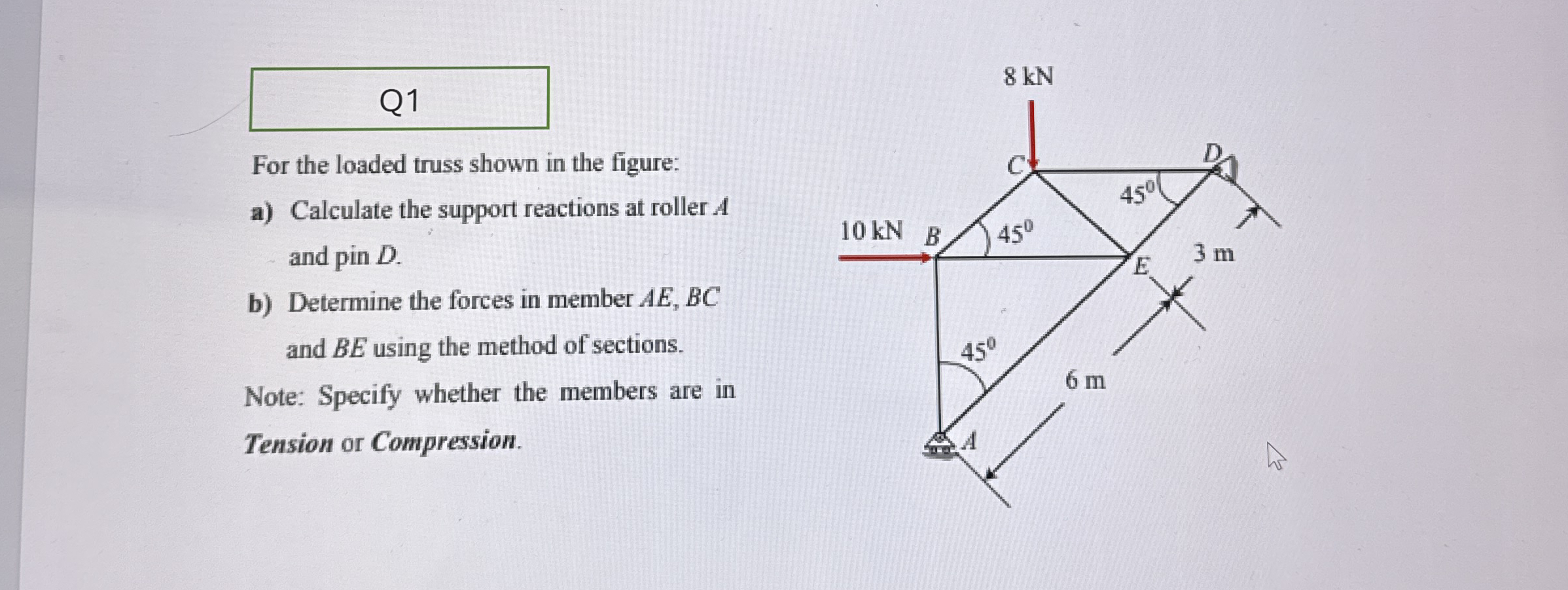 Q 1 For the loaded truss shown in the figure: a )
