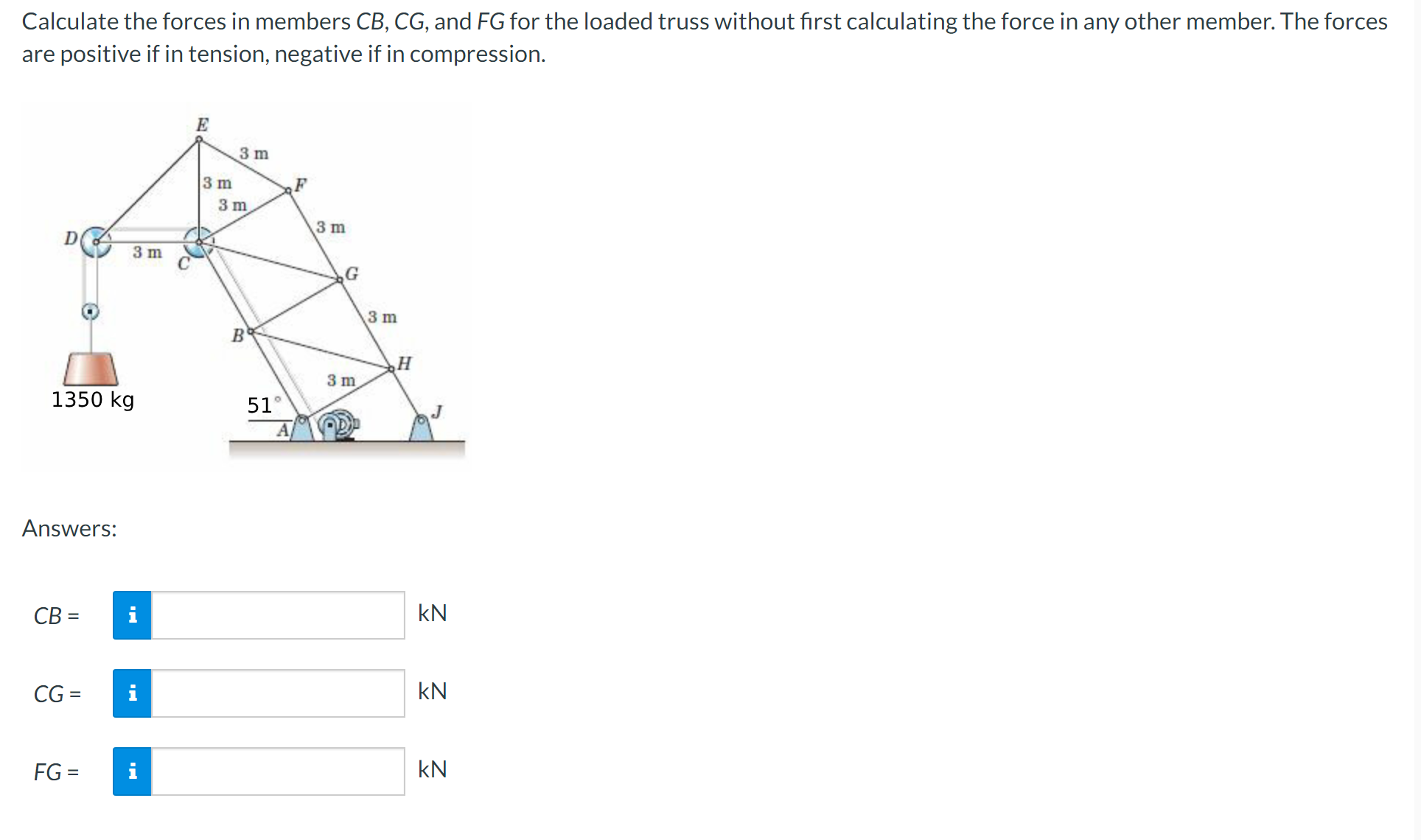 Calculate the forces in members C B , C G , and F