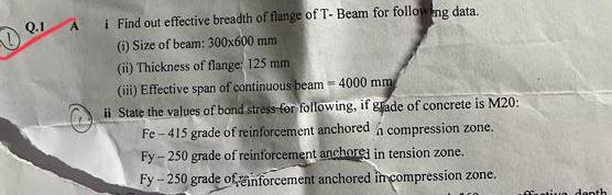 Q . 1 A i Find out effective breadth of flange of