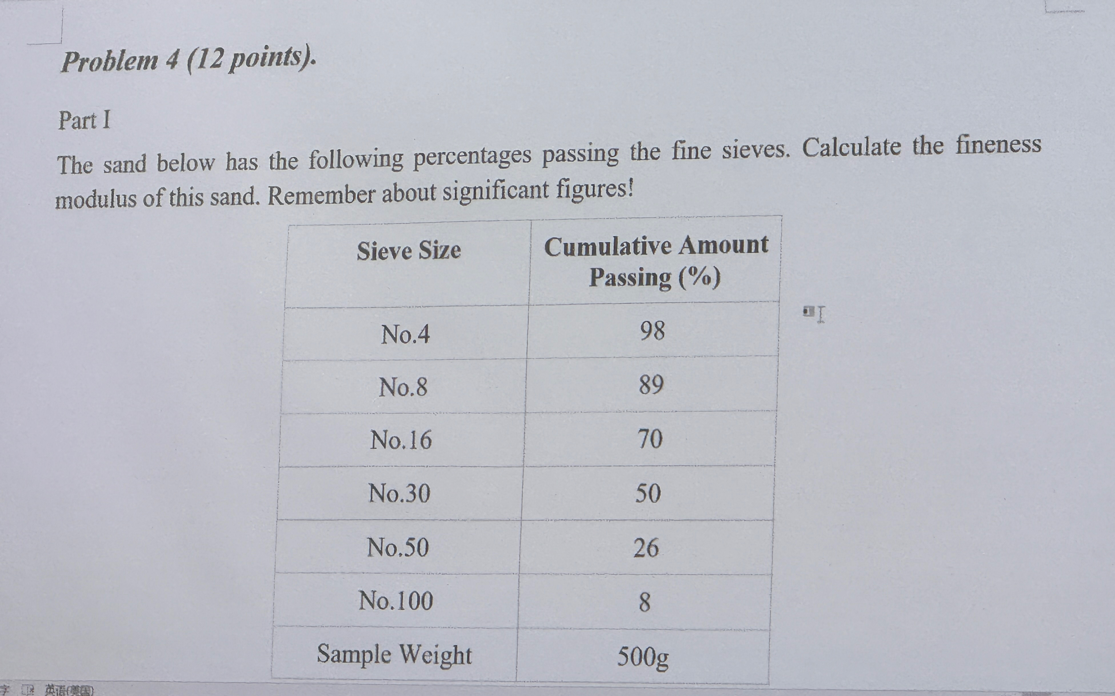 Problem 4 ( 1 2 points ) . Part I The sand below
